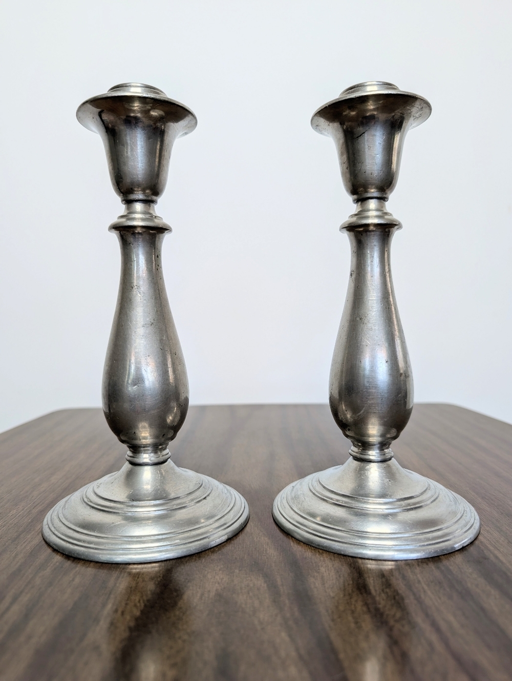 Pair Of Vintage Spindle Silver Tone Mayflower Pewter Tall Candlestick Holders